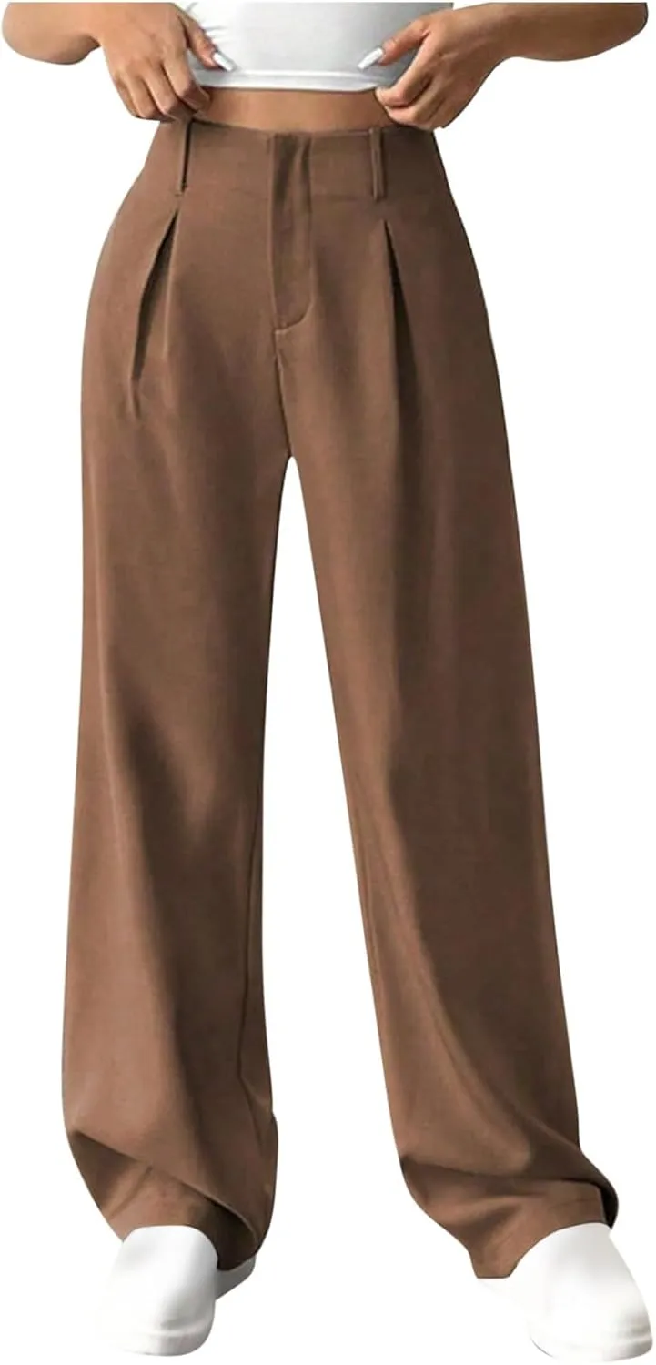 Women's Wide Leg Pants Dressy Flowy Summer Beach Palazzo Pants Elastic Waist Baggy Trousers for Business