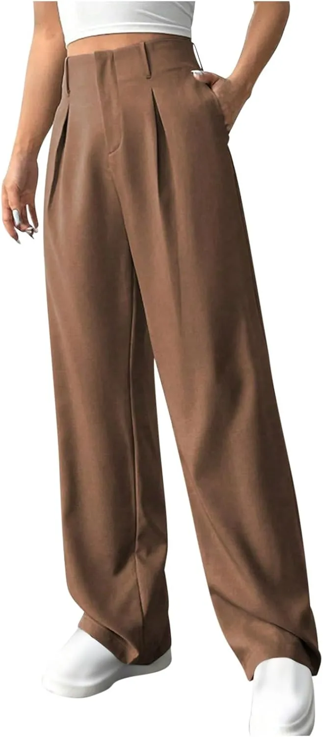 Women's Wide Leg Pants Dressy Flowy Summer Beach Palazzo Pants Elastic Waist Baggy Trousers for Business